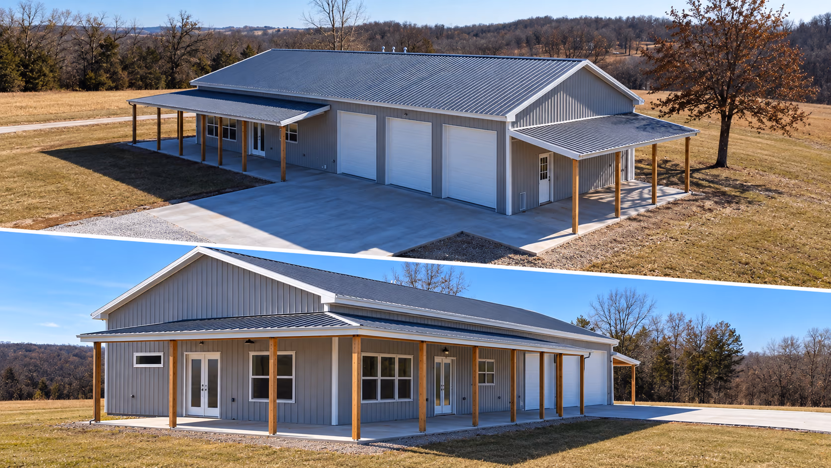 Two finished barndominiums with grey vertical metal siding and metal roofs — a three-bay shop with concrete apron and timber-posted porch above, and a covered front porch with French doors below